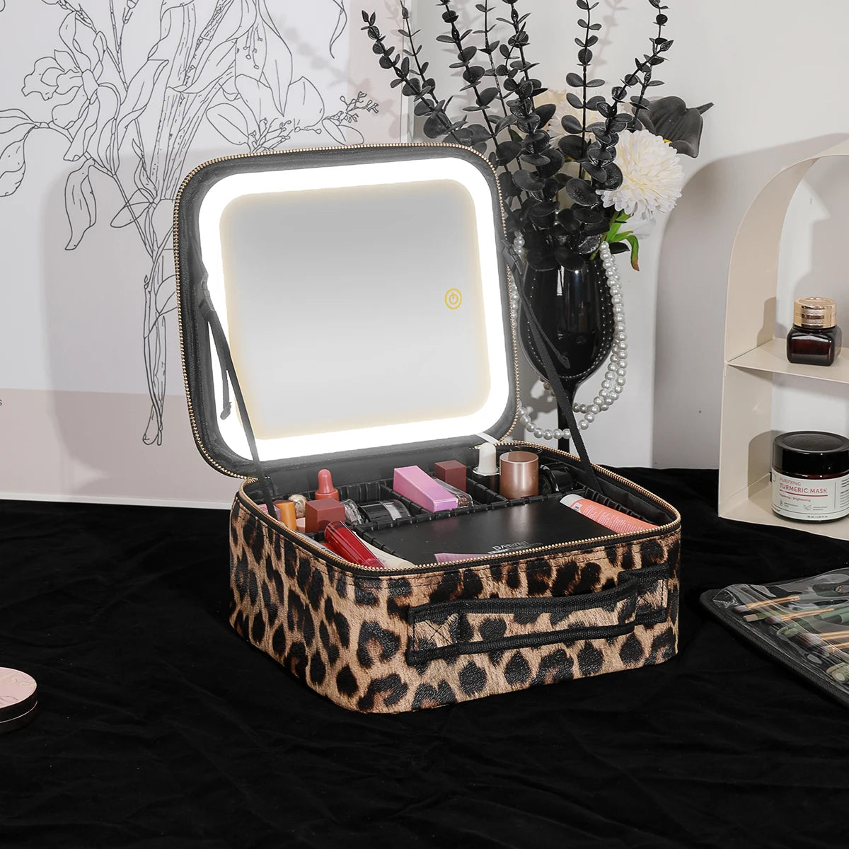 Leopard Print Makeup Case with Mirror & Dimmable LED Lights
