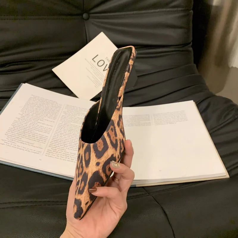 Leopard Print Pointed Toe Slip-On Mules