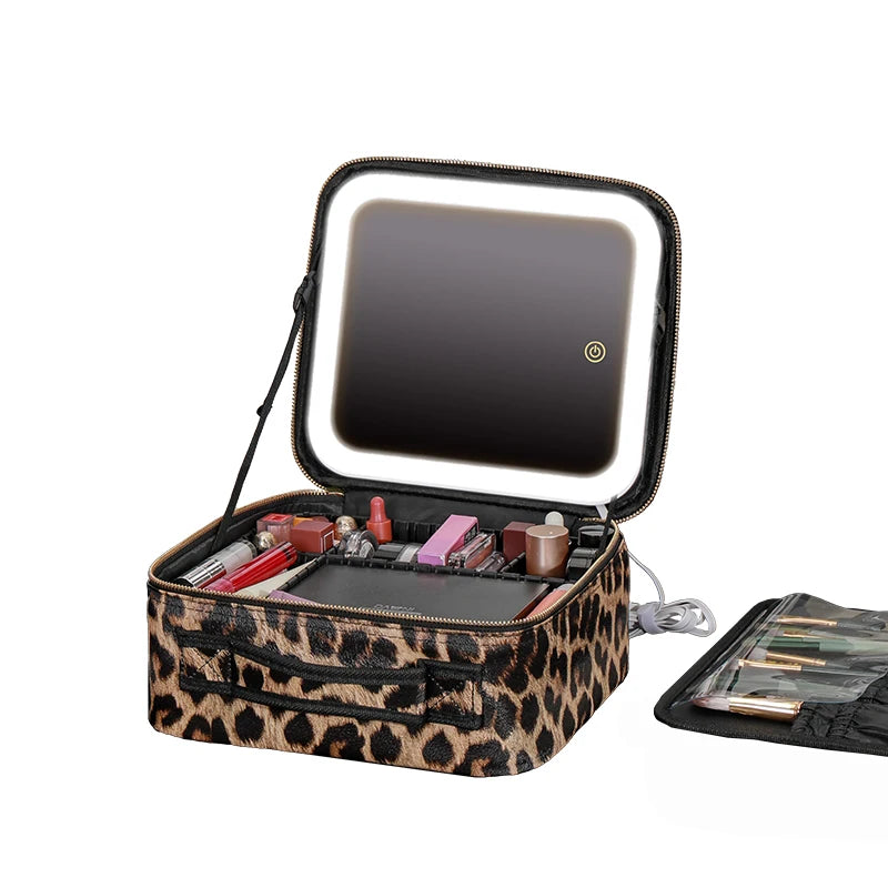 Leopard Print Makeup Case with Mirror & Dimmable LED Lights