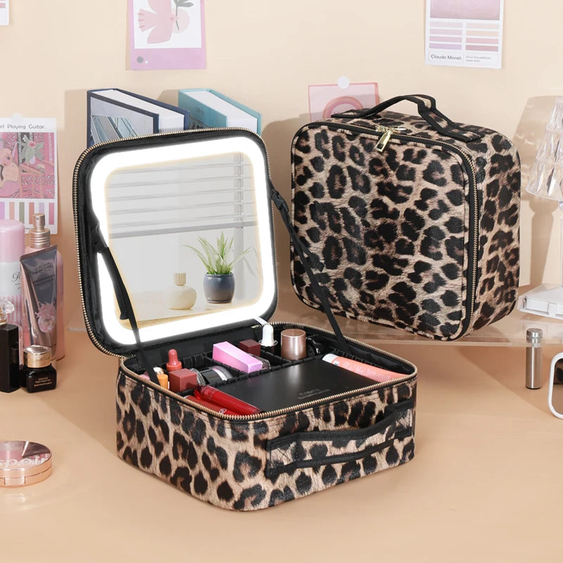 Leopard Print Makeup Case with Mirror & Dimmable LED Lights