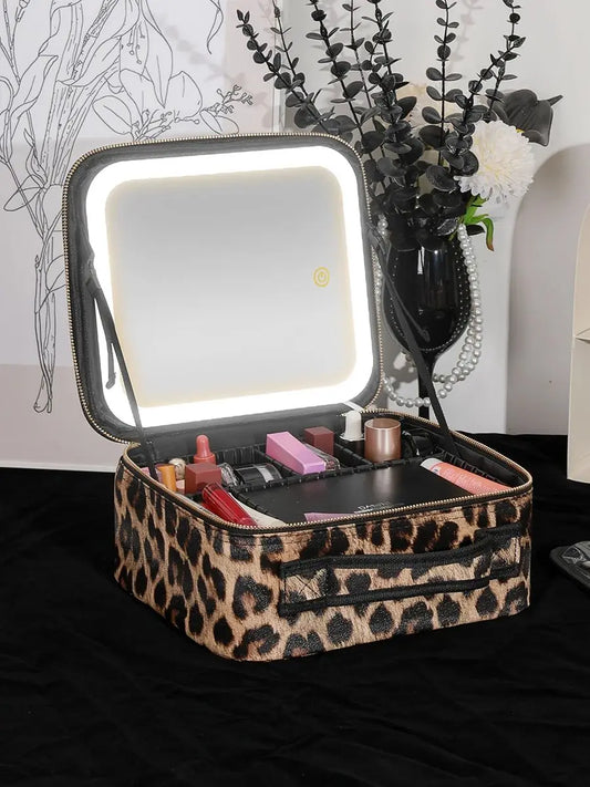 Leopard Print Makeup Case with Mirror & Dimmable LED Lights