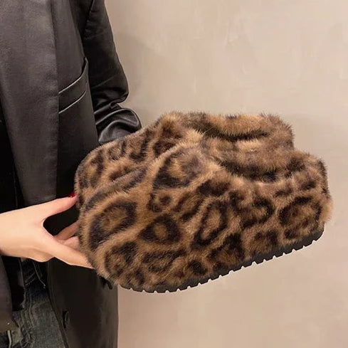 Leopard Print Chunky Faux Fur Mules