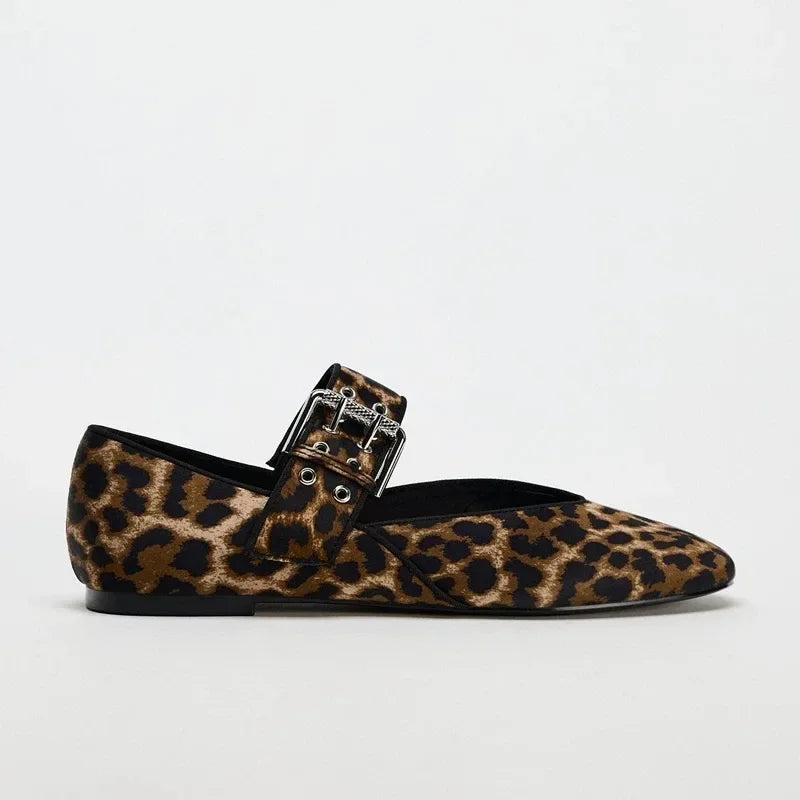 Leopard Print Mary Jane Buckle Strap Flat Pumps