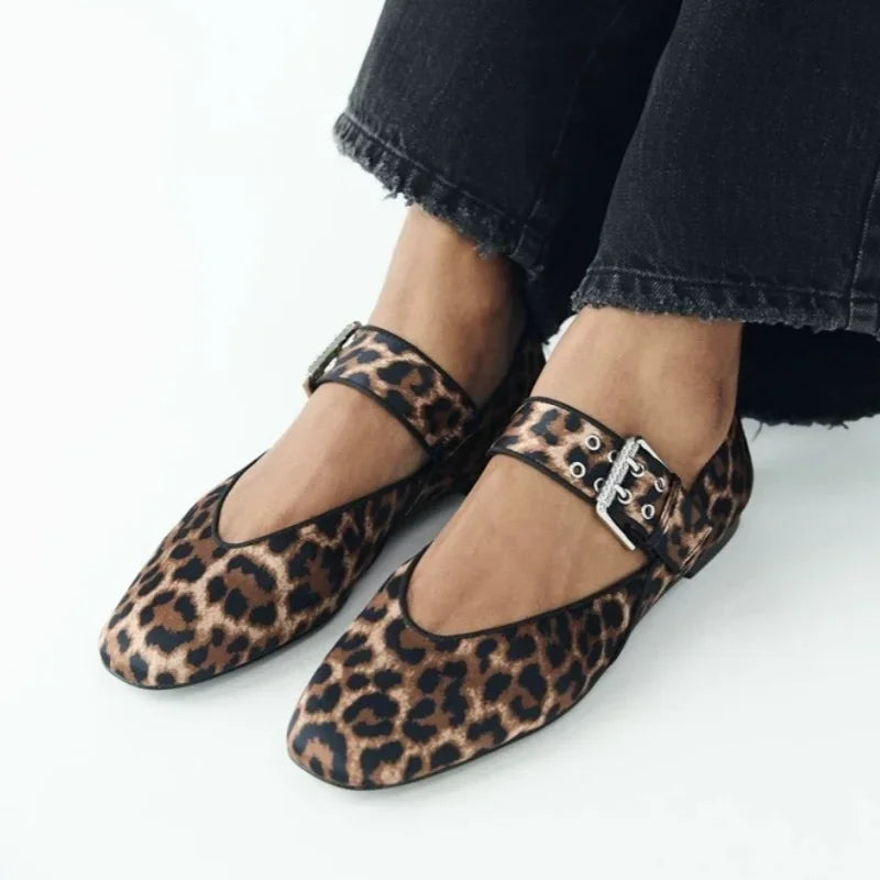 Leopard Print Mary Jane Buckle Strap Flat Pumps