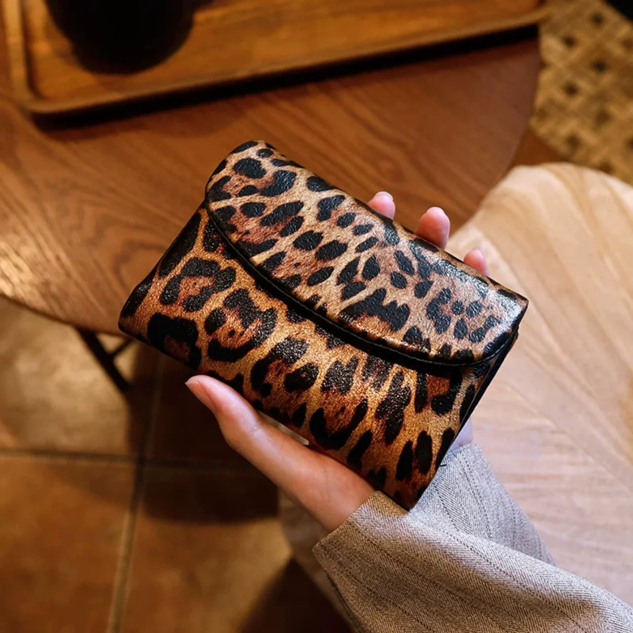 Leopard Print Leather Short Wallet