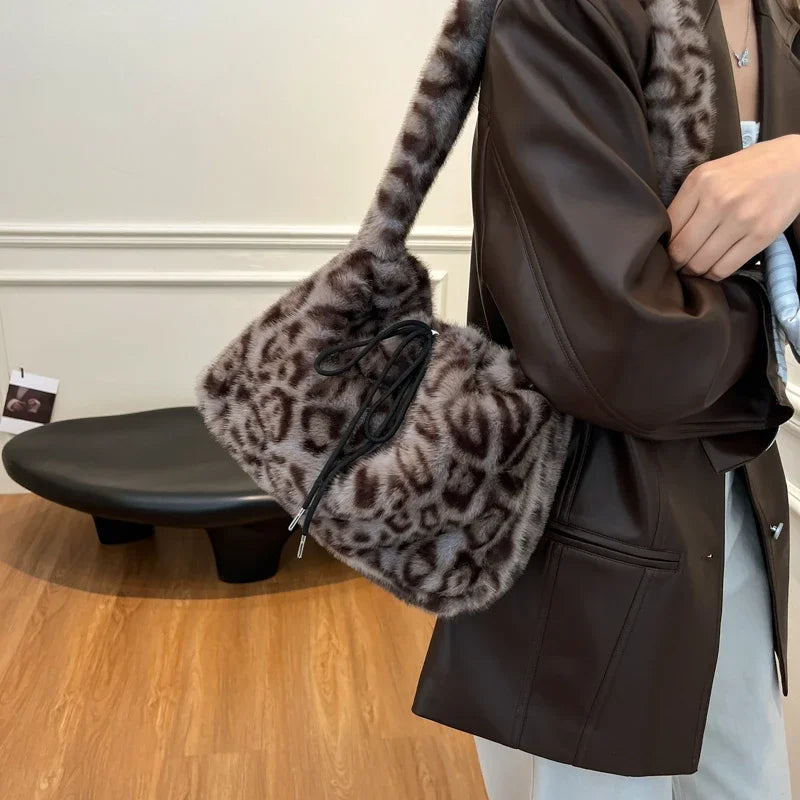 Leopard Print Faux Fur Shoulder Bag