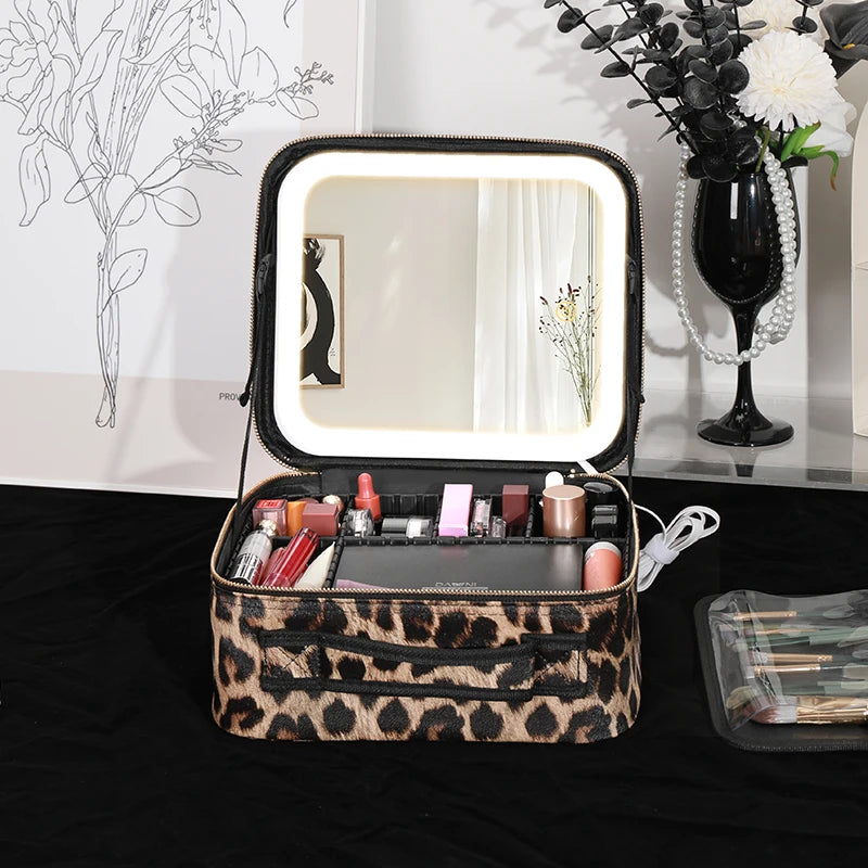 Leopard Print Makeup Case with Mirror & Dimmable LED Lights