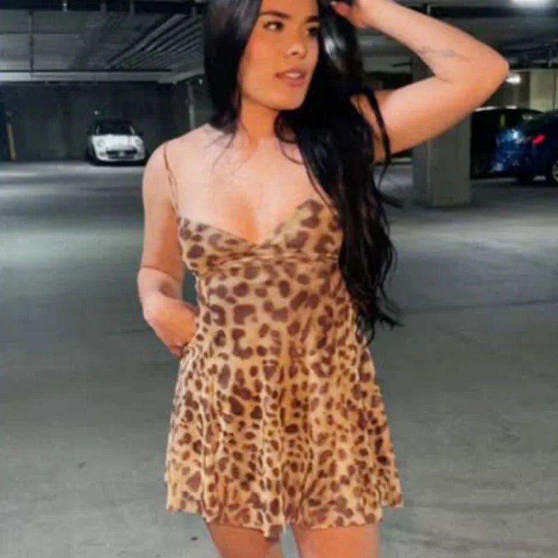 Leopard Print Mesh Slip Mini Dress