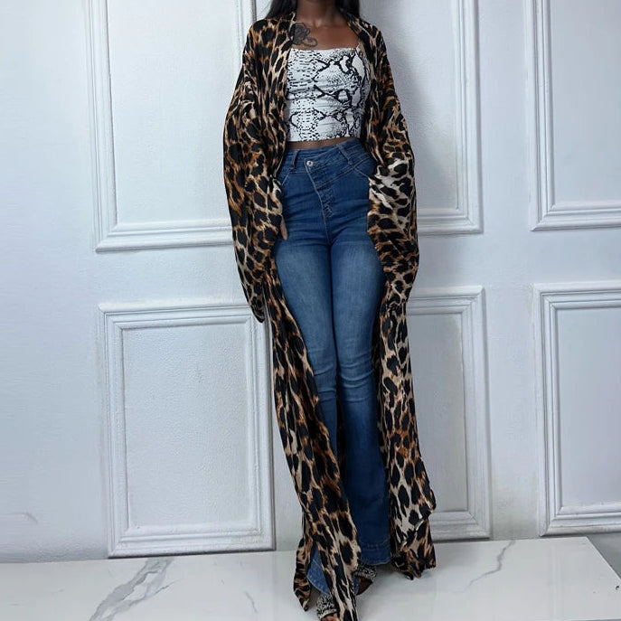 Boho Leopard Print Maxi Kimono