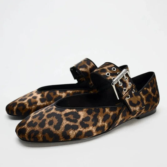 Leopard Print Mary Jane Buckle Strap Flat Pumps