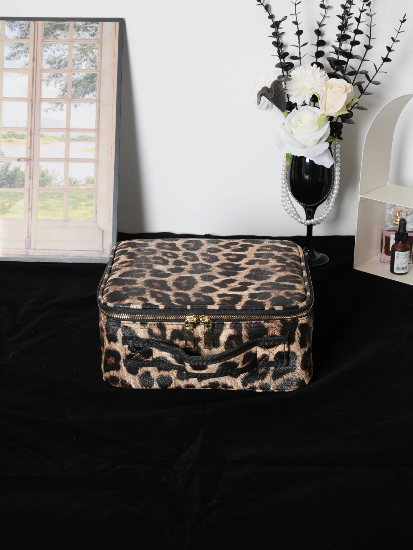 Leopard Print Makeup Case with Mirror & Dimmable LED Lights