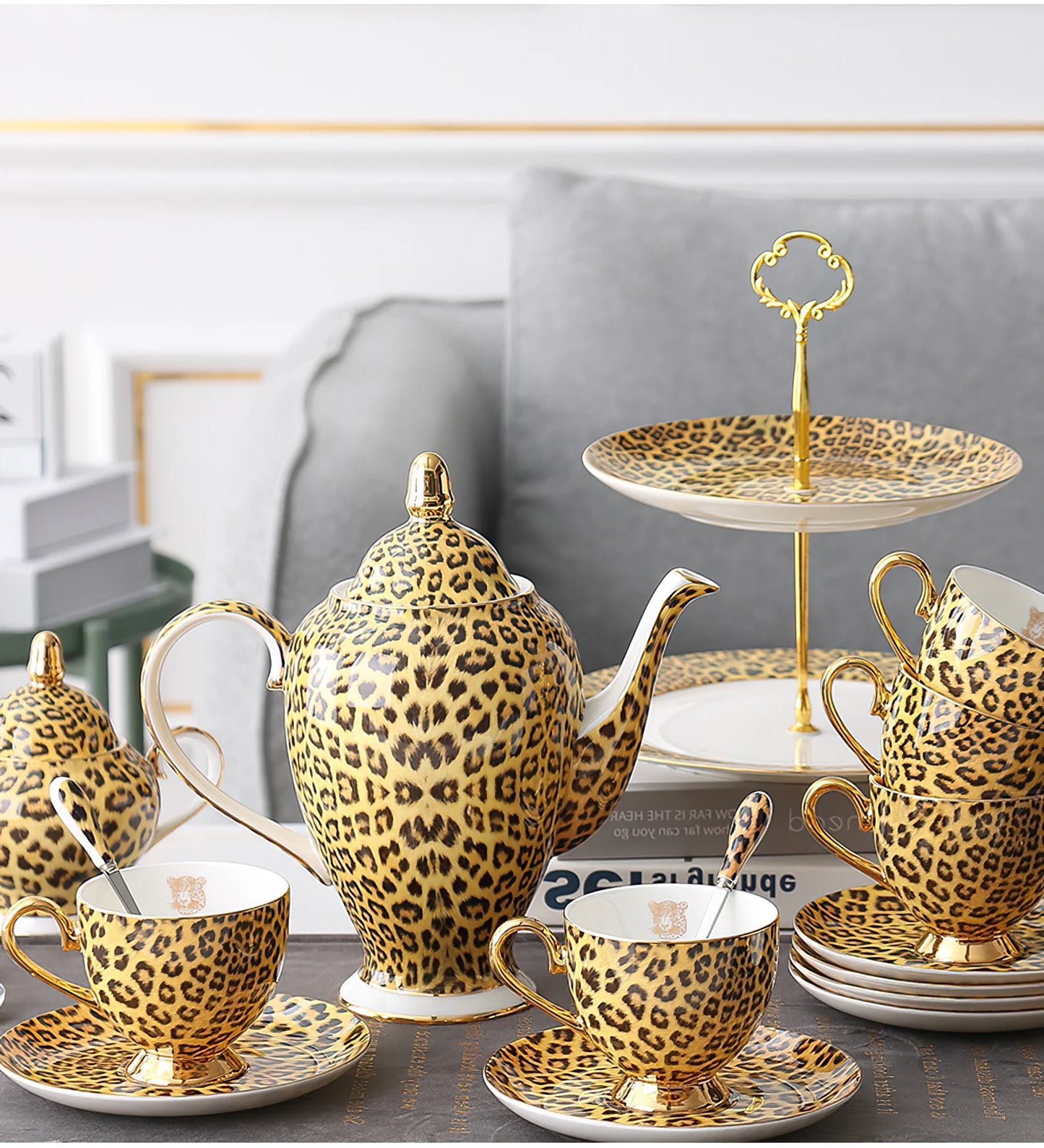 Luxury Leopard Print Bone China Tea Set Items