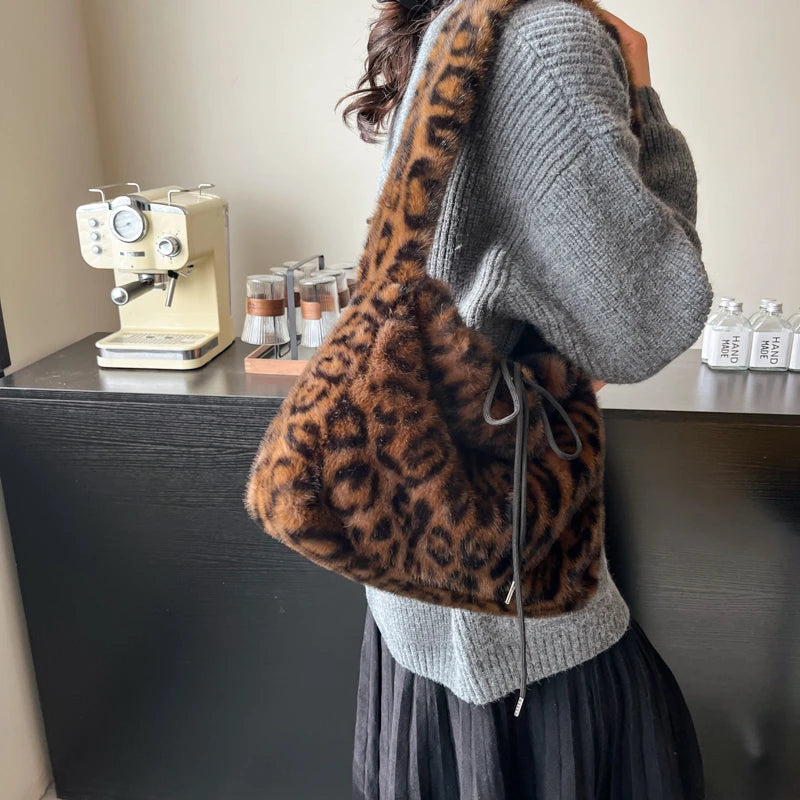 Leopard Print Faux Fur Shoulder Bag
