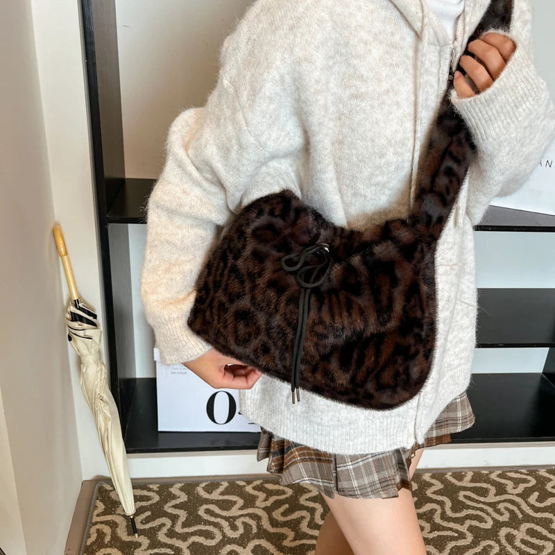 Leopard Print Faux Fur Shoulder Bag
