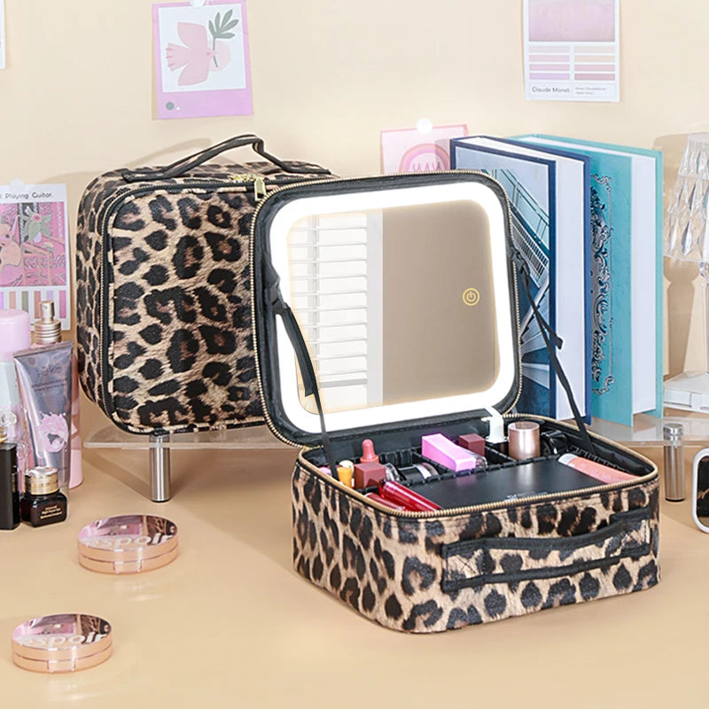 Leopard Print Makeup Case with Mirror & Dimmable LED Lights
