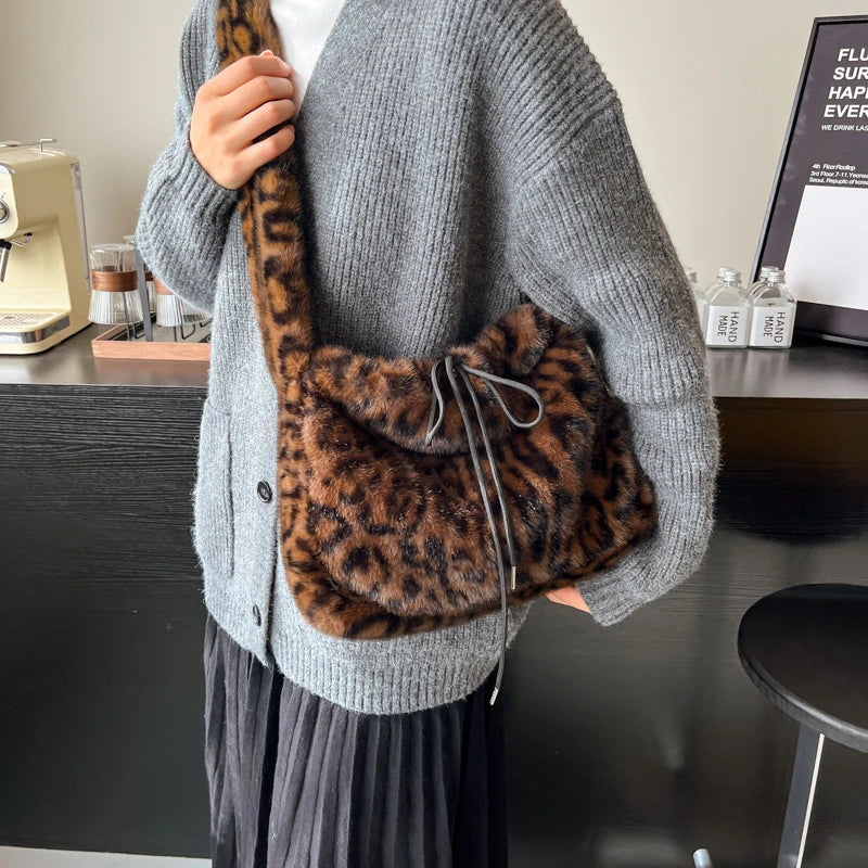 Leopard Print Faux Fur Shoulder Bag