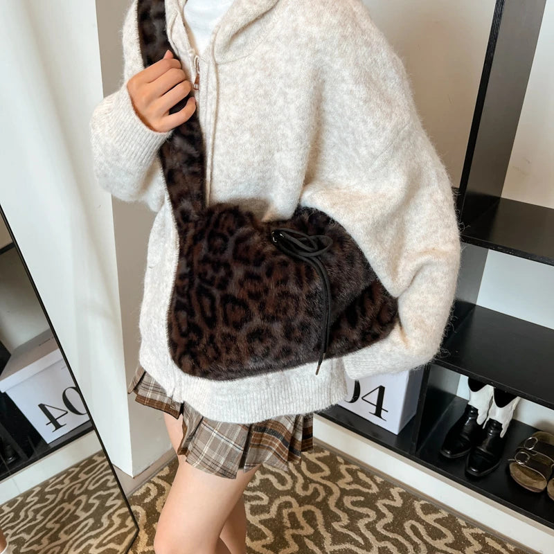 Leopard Print Faux Fur Shoulder Bag