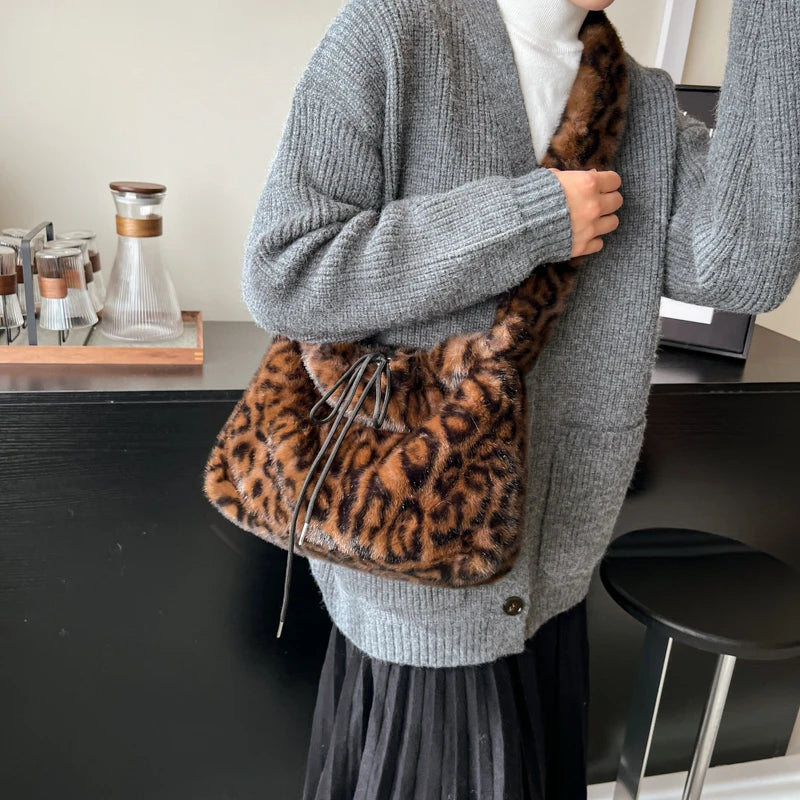Leopard Print Faux Fur Shoulder Bag