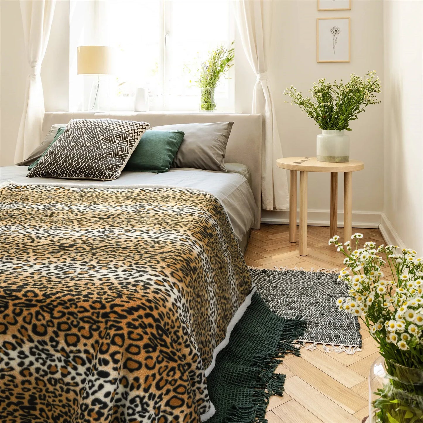 Double Layer Fur Lined Leopard Blanket