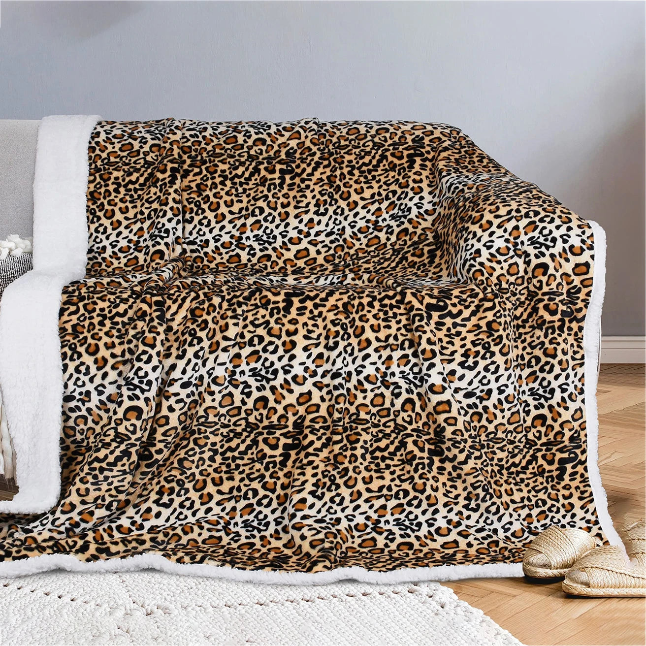 Double Layer Fur Lined Leopard Blanket