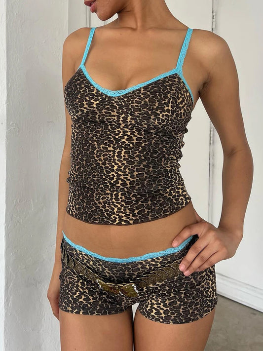 Leopard Print Lace Trim Cami & Shorts Set