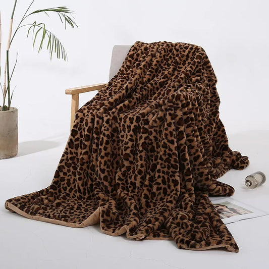 Leopard Print Double-Layer,Soft, Warm & Breathable Plush Throw