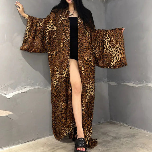 Kimono Cotton-Feel Leopard Print Beach Cover-Up