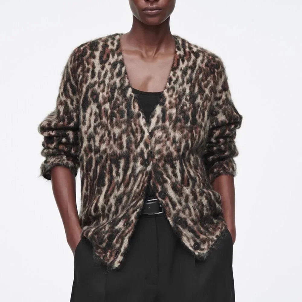 Leopard Print V-Neck Knitted Cardigan