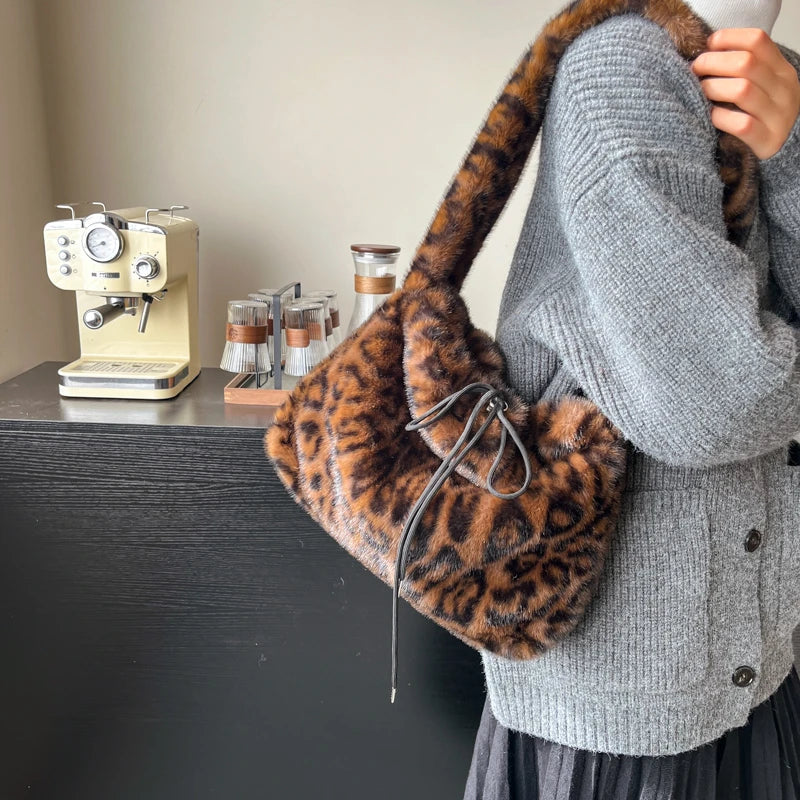 Leopard Print Faux Fur Shoulder Bag