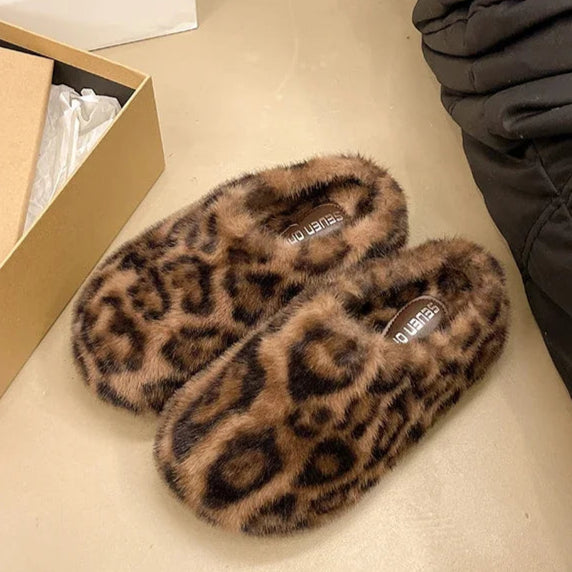 Leopard Print Chunky Faux Fur Mules