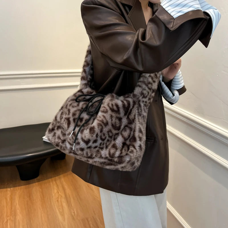 Leopard Print Faux Fur Shoulder Bag