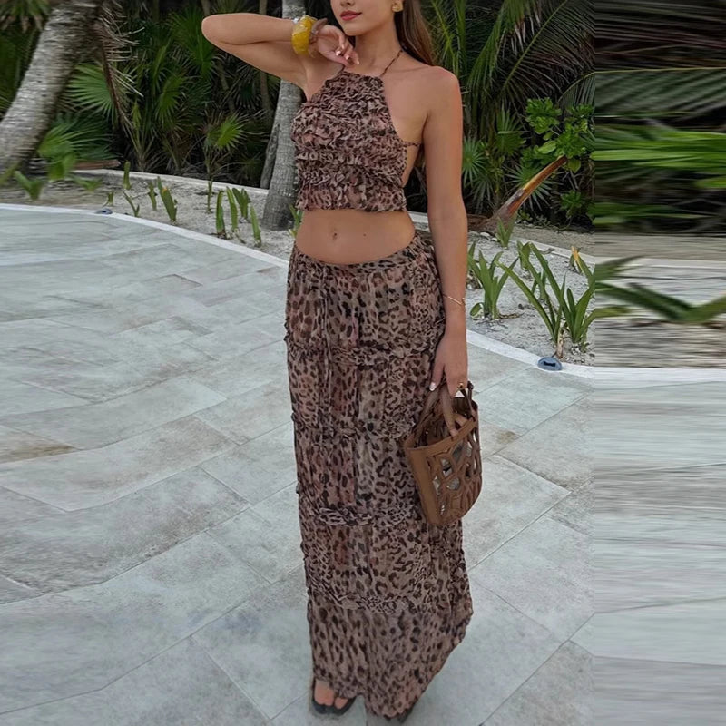 Leopard Print Chiffon Ruffle Halter Maxi Skirt Co-Ord