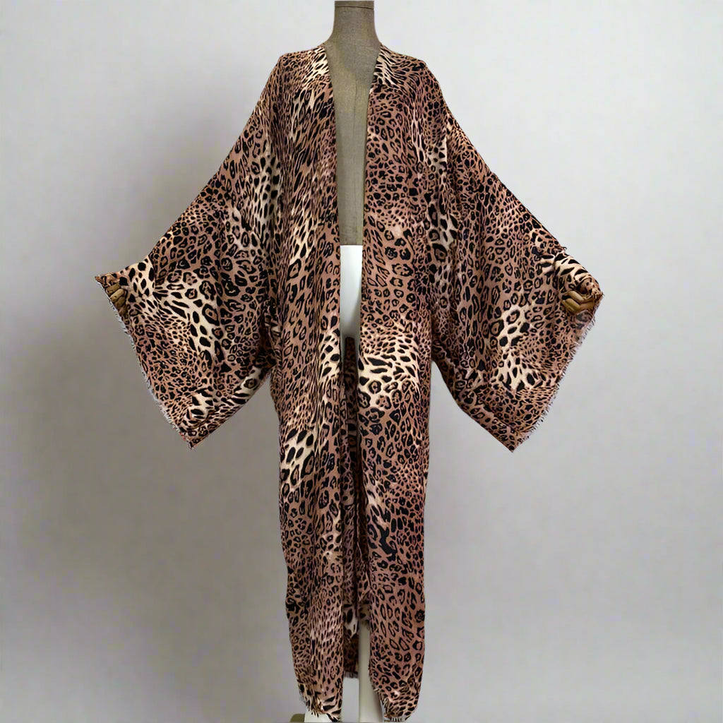 Kimono Cotton-Feel Leopard Print Beach Cover-Up