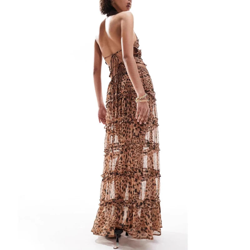 Leopard Print Chiffon Ruffle Halter Maxi Skirt Co-Ord