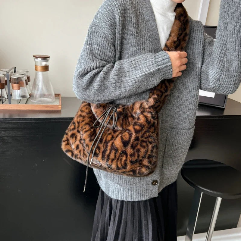 Leopard Print Faux Fur Shoulder Bag